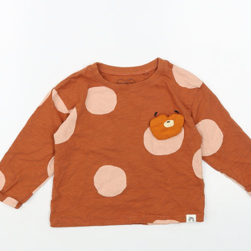 NEXT Girls Brown Polka Dot Cotton Pullover T-Shirt Size 2-3 Years Crew Neck Pullover - Cute Bear Detail