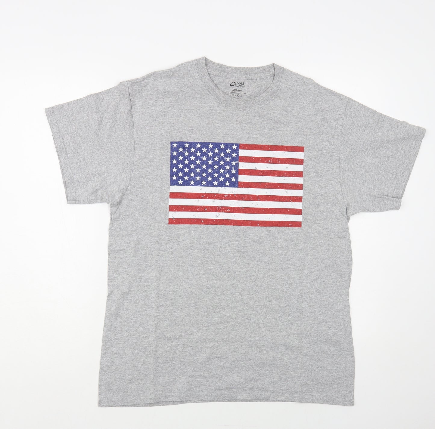 Port And Company Mens Grey Cotton T-Shirt Size M Crew Neck - USA Flag