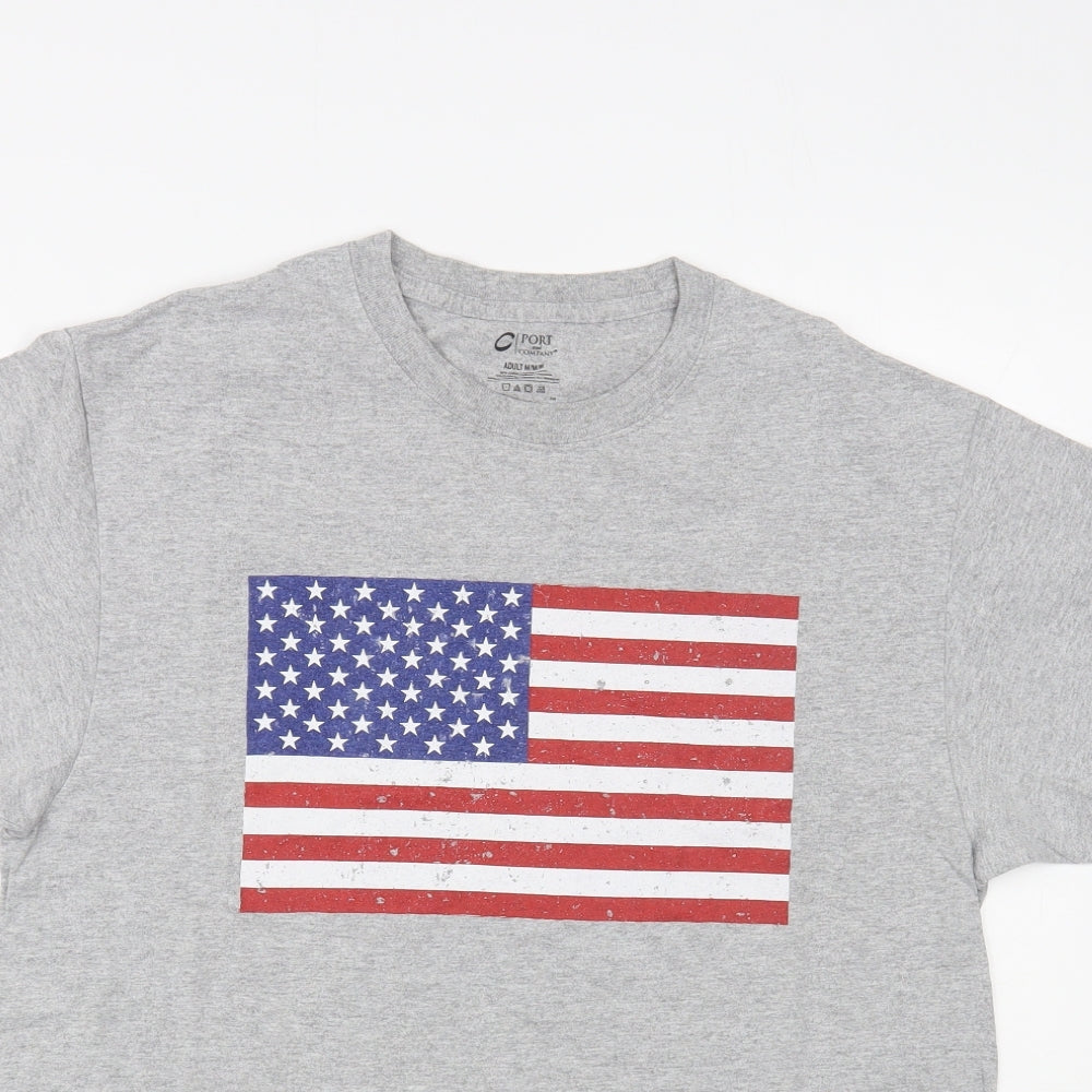 Port And Company Mens Grey Cotton T-Shirt Size M Crew Neck - USA Flag