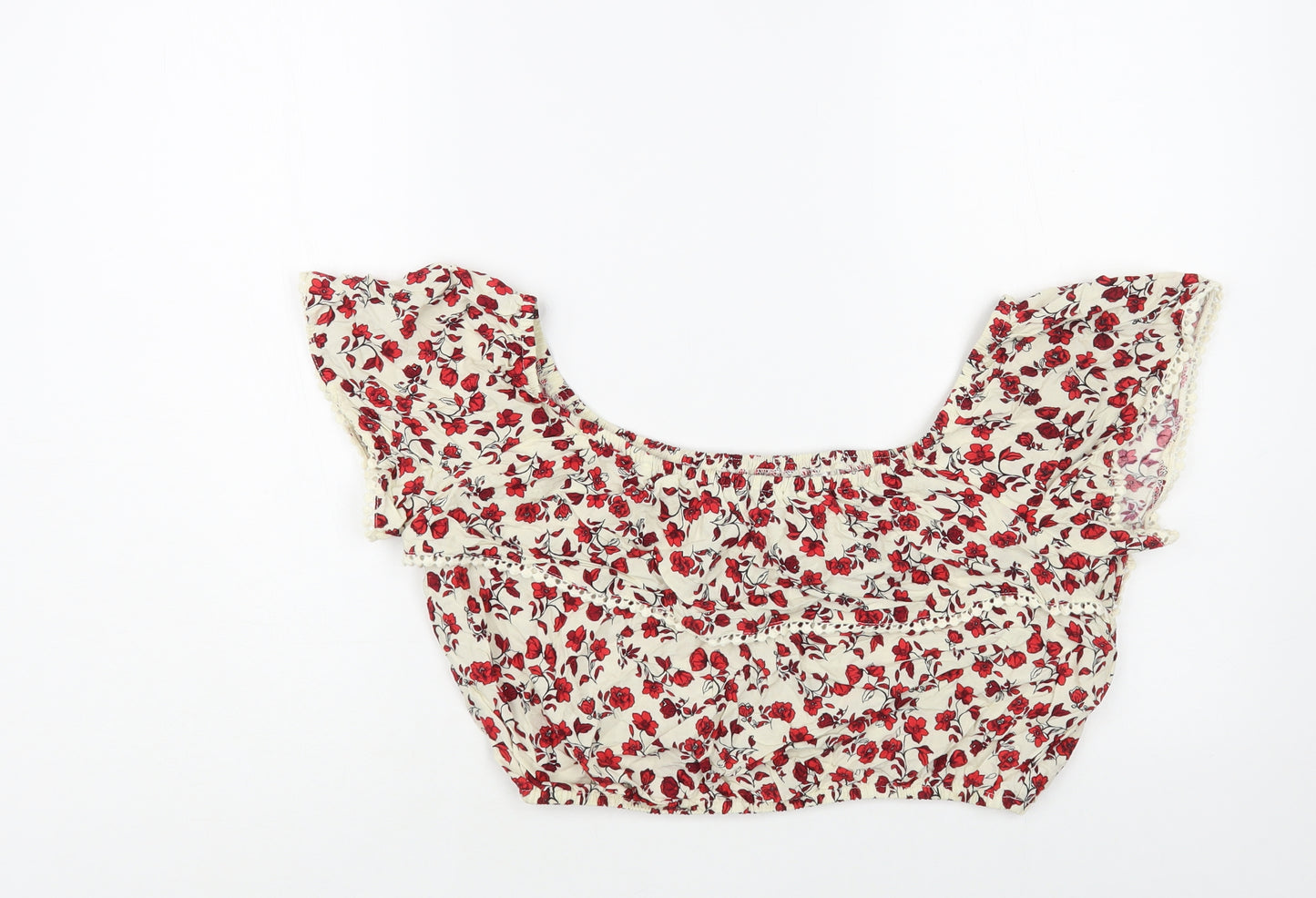H&M Womens Ivory Floral Viscose Cropped Blouse Size 10 Off the Shoulder