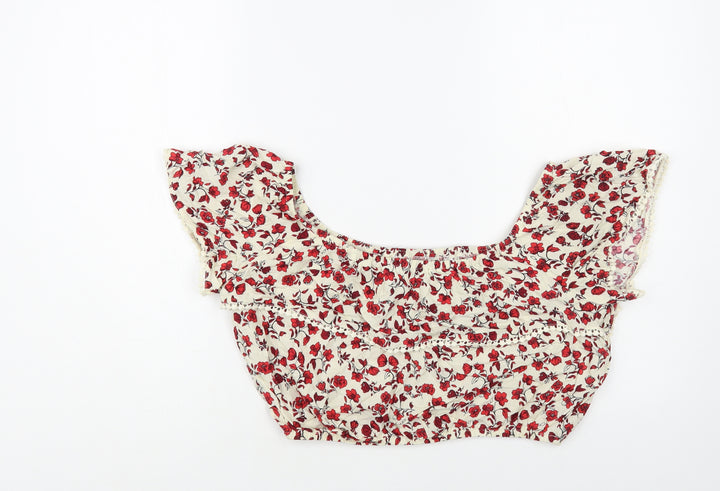 H&M Womens Ivory Floral Viscose Cropped Blouse Size 10 Off the Shoulder