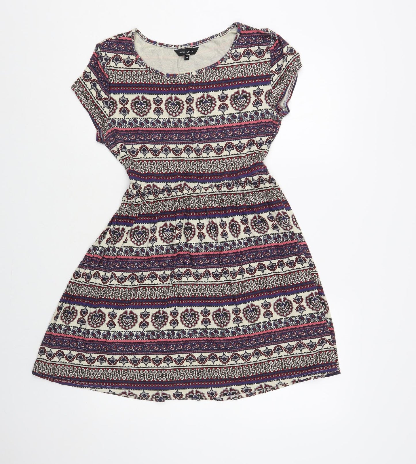 New Look Womens Multicoloured Paisley Viscose Skater Dress Size 14 Round Neck Pullover