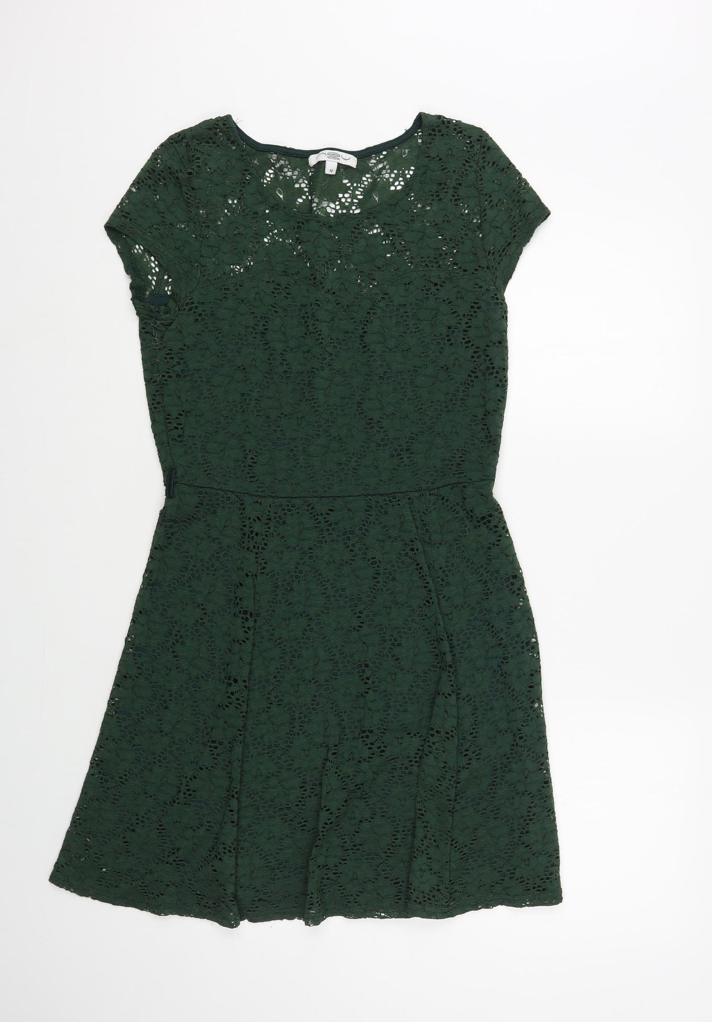 New Look Womens Green Floral Polyamide Fit & Flare Size 14 Round Neck Pullover