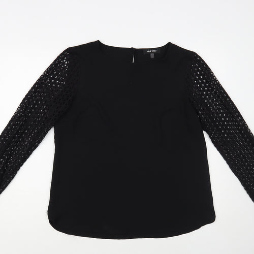 Nine West Womens Black Polyester Basic Blouse Size M Boat Neck - Sheer Sleeves