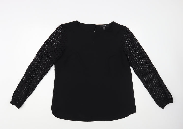 Nine West Womens Black Polyester Basic Blouse Size M Boat Neck - Sheer Sleeves