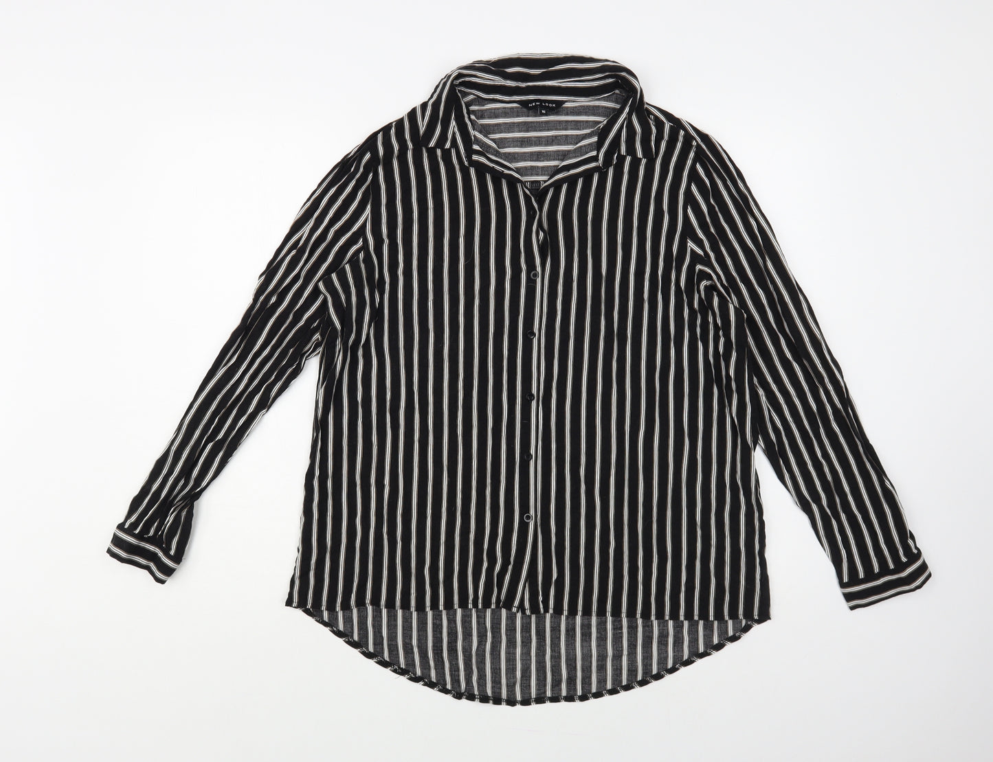 New Look Womens Black Striped Viscose Basic Button-Up Size 16 Collared