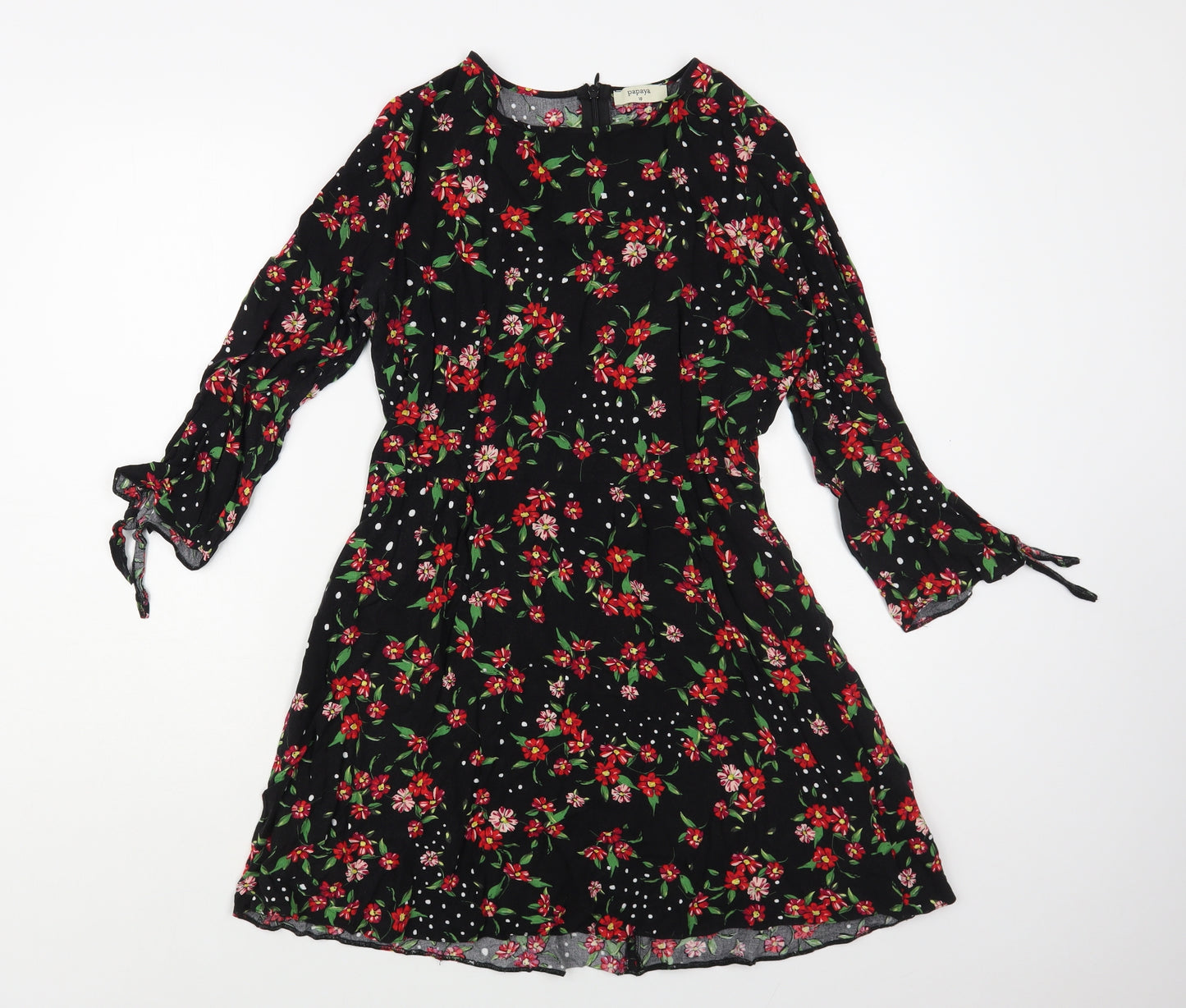 Papaya Womens Black Floral Viscose Fit & Flare Size 10 Round Neck Zip