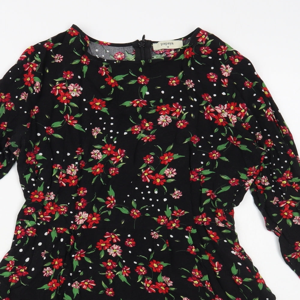 Papaya Womens Black Floral Viscose Fit & Flare Size 10 Round Neck Zip
