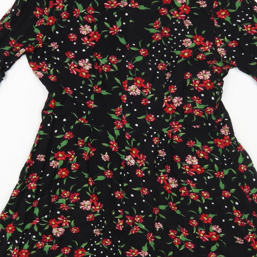Papaya Womens Black Floral Viscose Fit & Flare Size 10 Round Neck Zip