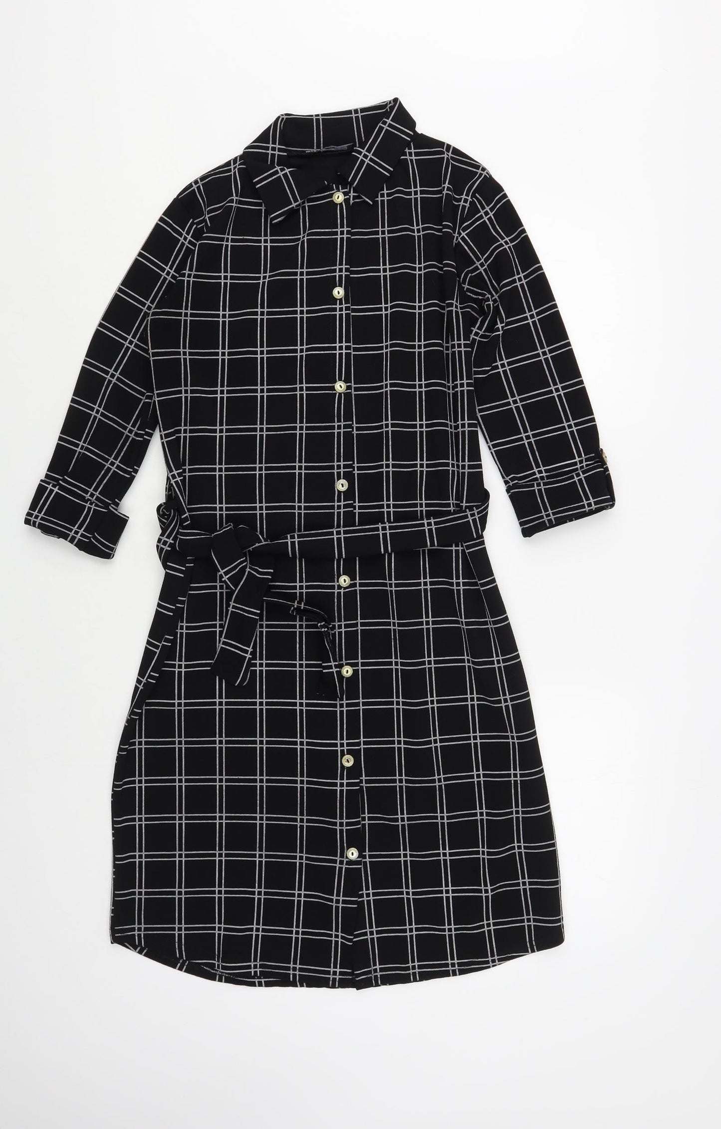 Miss Look Womens Black Check Polyester Shirt Dress Size 10 Collared Button