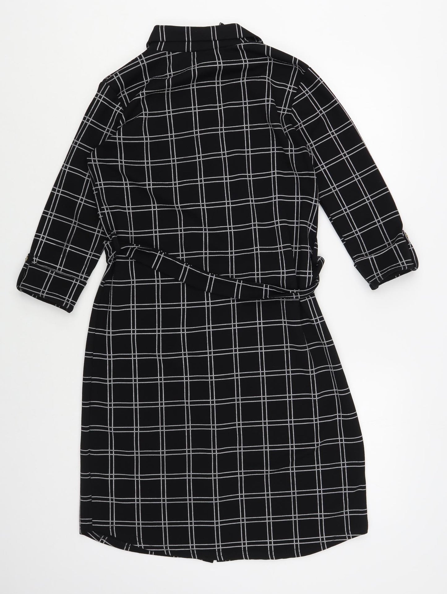 Miss Look Womens Black Check Polyester Shirt Dress Size 10 Collared Button
