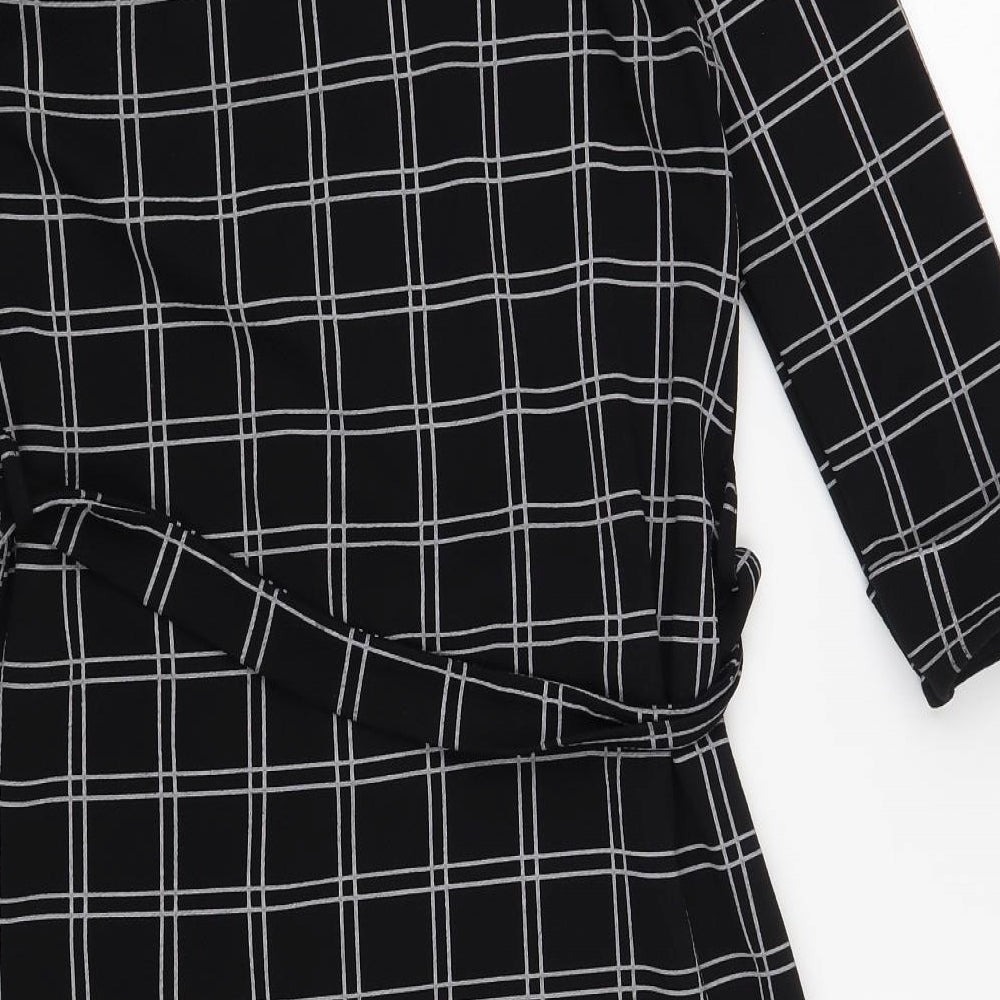 Miss Look Womens Black Check Polyester Shirt Dress Size 10 Collared Button