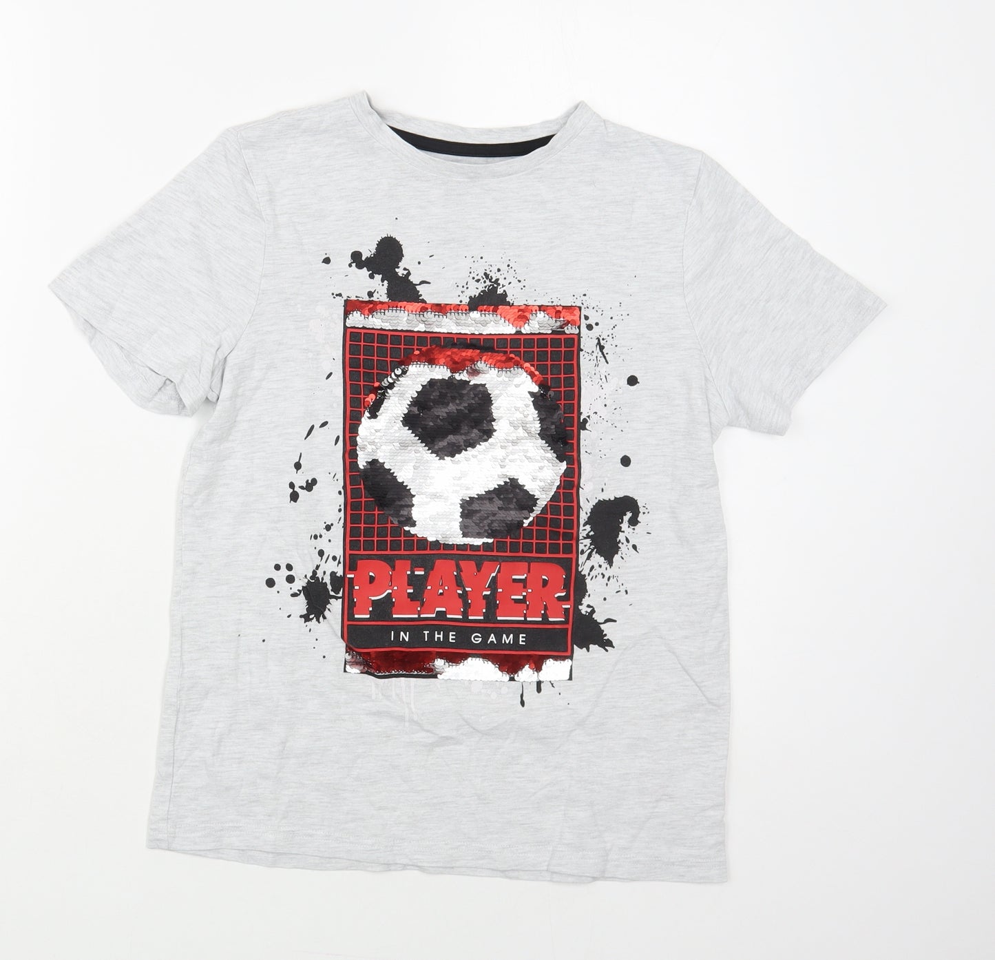 F&F Boys Grey Cotton Pullover T-Shirt Size 11-12 Years Crew Neck Pullover - Football