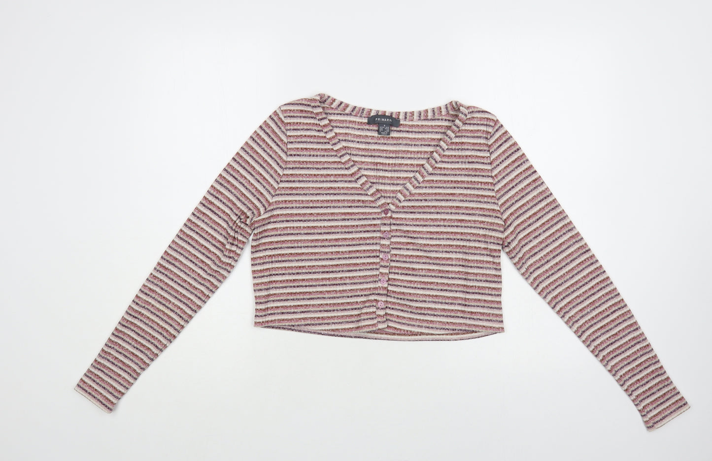 Primark Womens Purple V-Neck Striped Polyester Cardigan Jumper Size 10 - Cropped