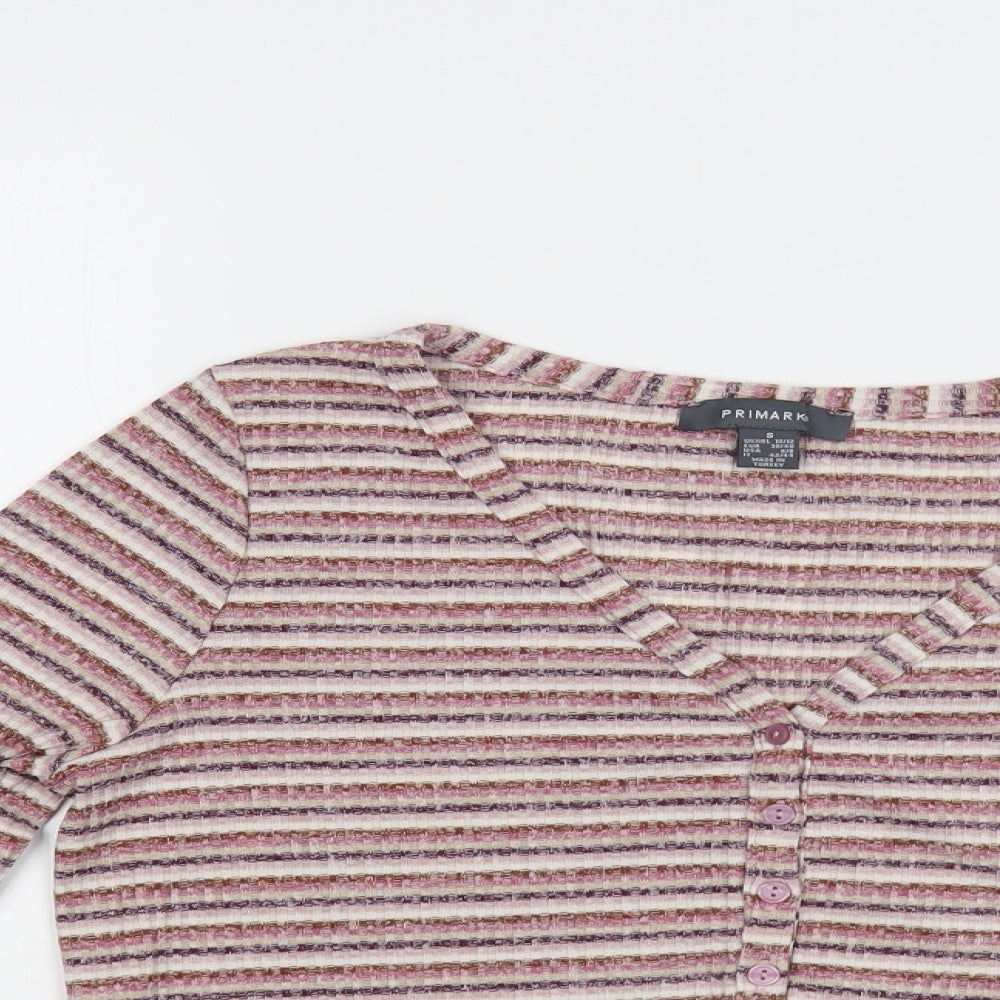Primark Womens Purple V-Neck Striped Polyester Cardigan Jumper Size 10 - Cropped