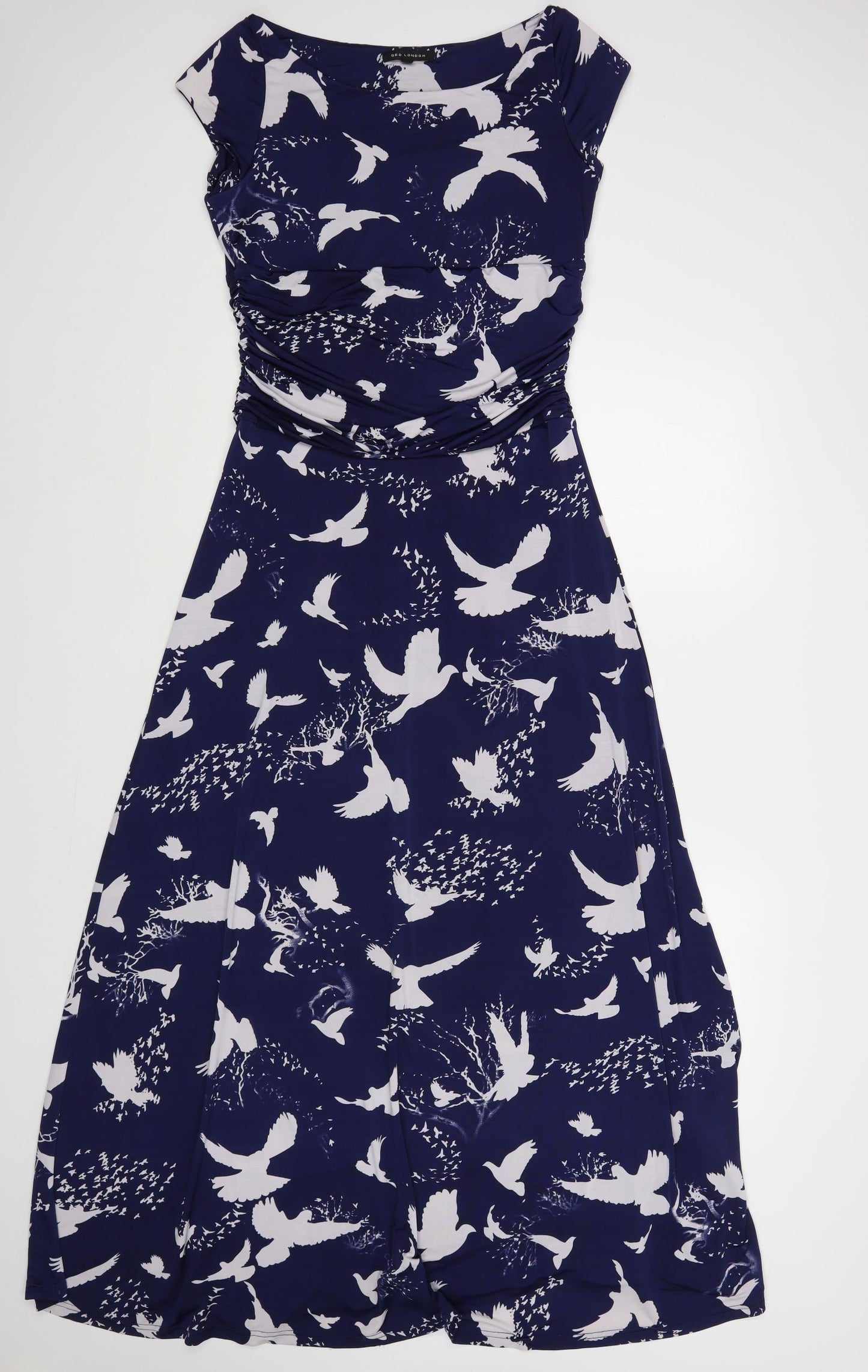 QED London Womens Blue Geometric Polyester Maxi Size 12 Boat Neck Pullover - Bird Print
