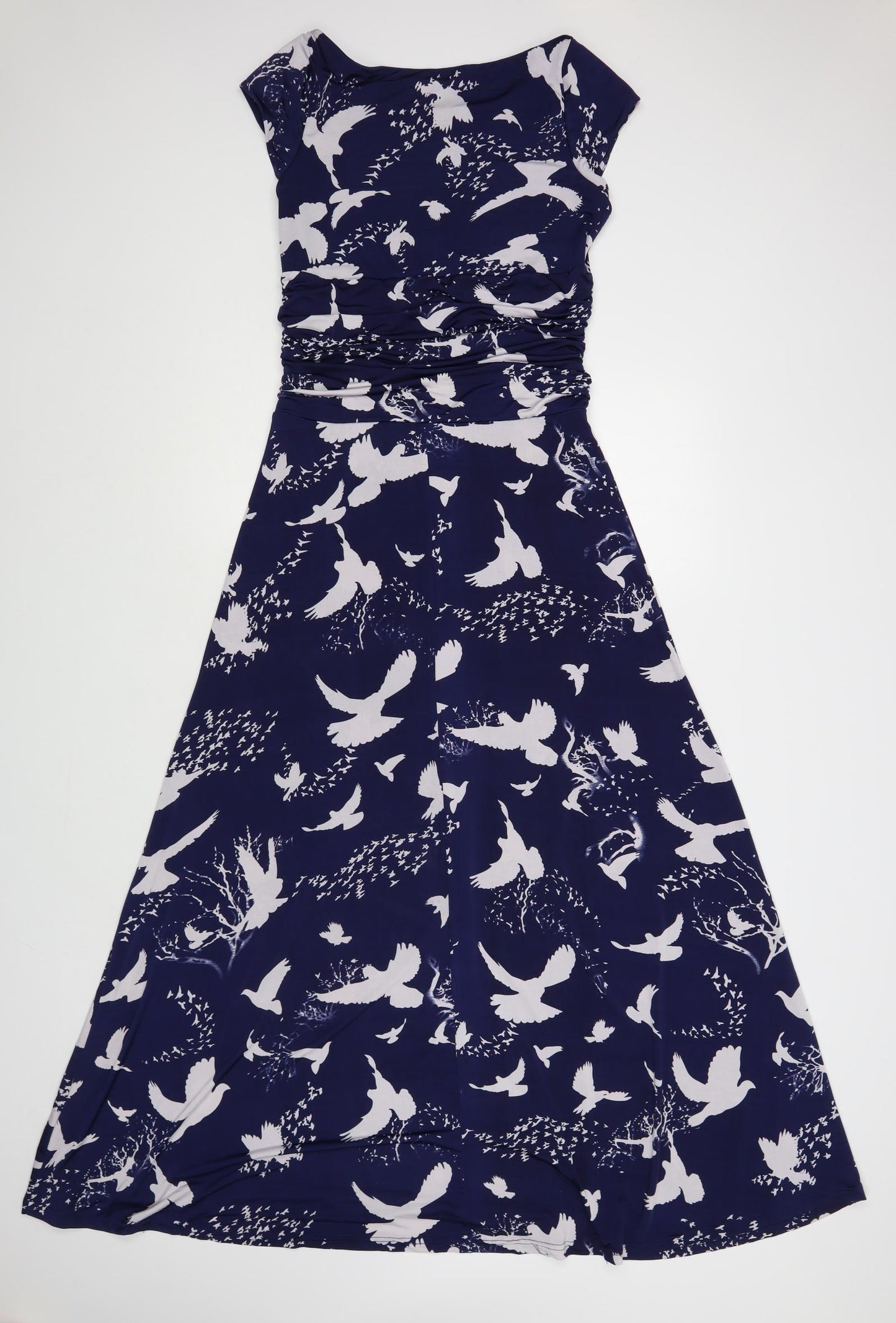 QED London Womens Blue Geometric Polyester Maxi Size 12 Boat Neck Pullover - Bird Print