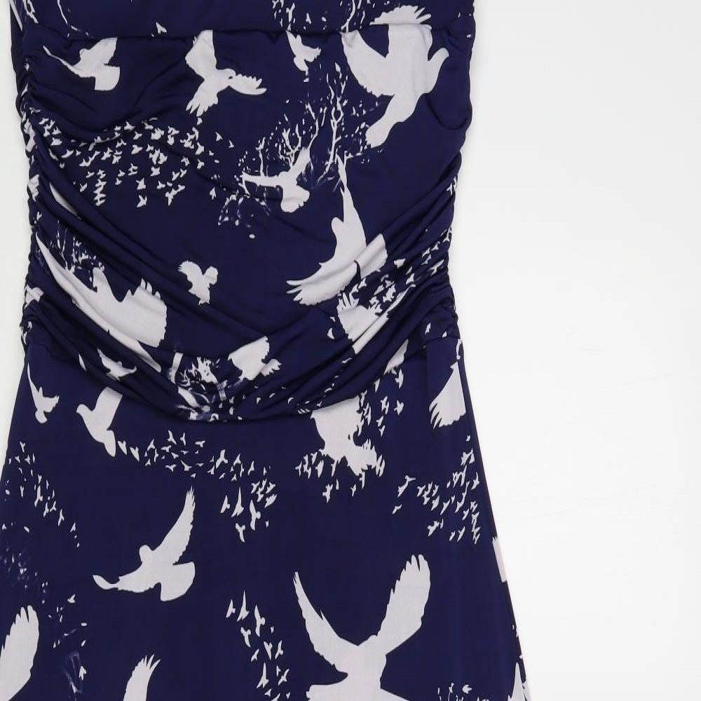 QED London Womens Blue Geometric Polyester Maxi Size 12 Boat Neck Pullover - Bird Print