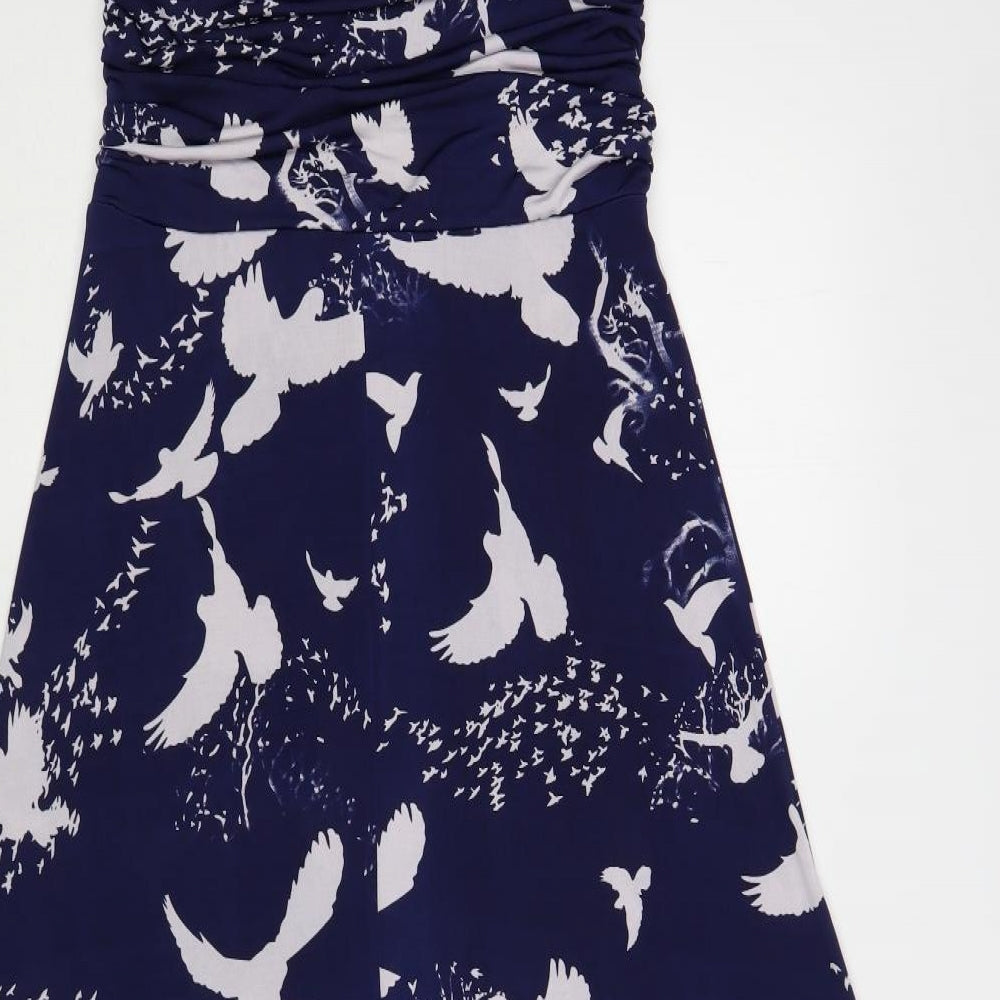 QED London Womens Blue Geometric Polyester Maxi Size 12 Boat Neck Pullover - Bird Print