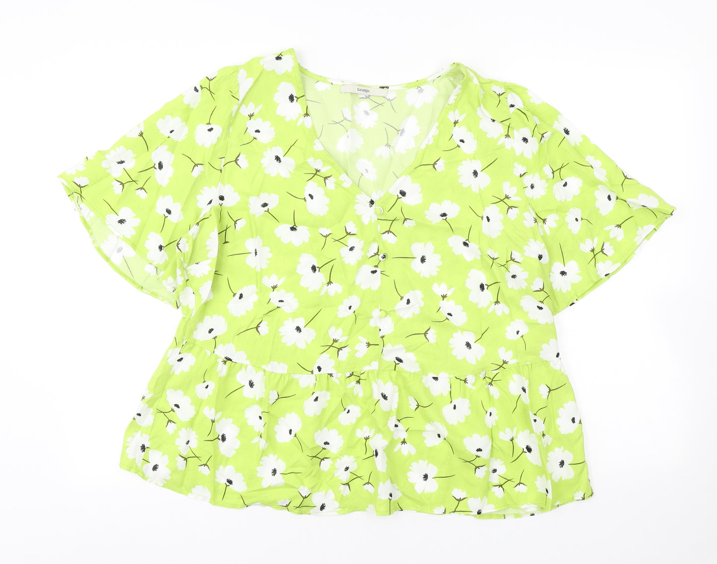 George Womens Green Floral Viscose Basic Blouse Size 14 V-Neck