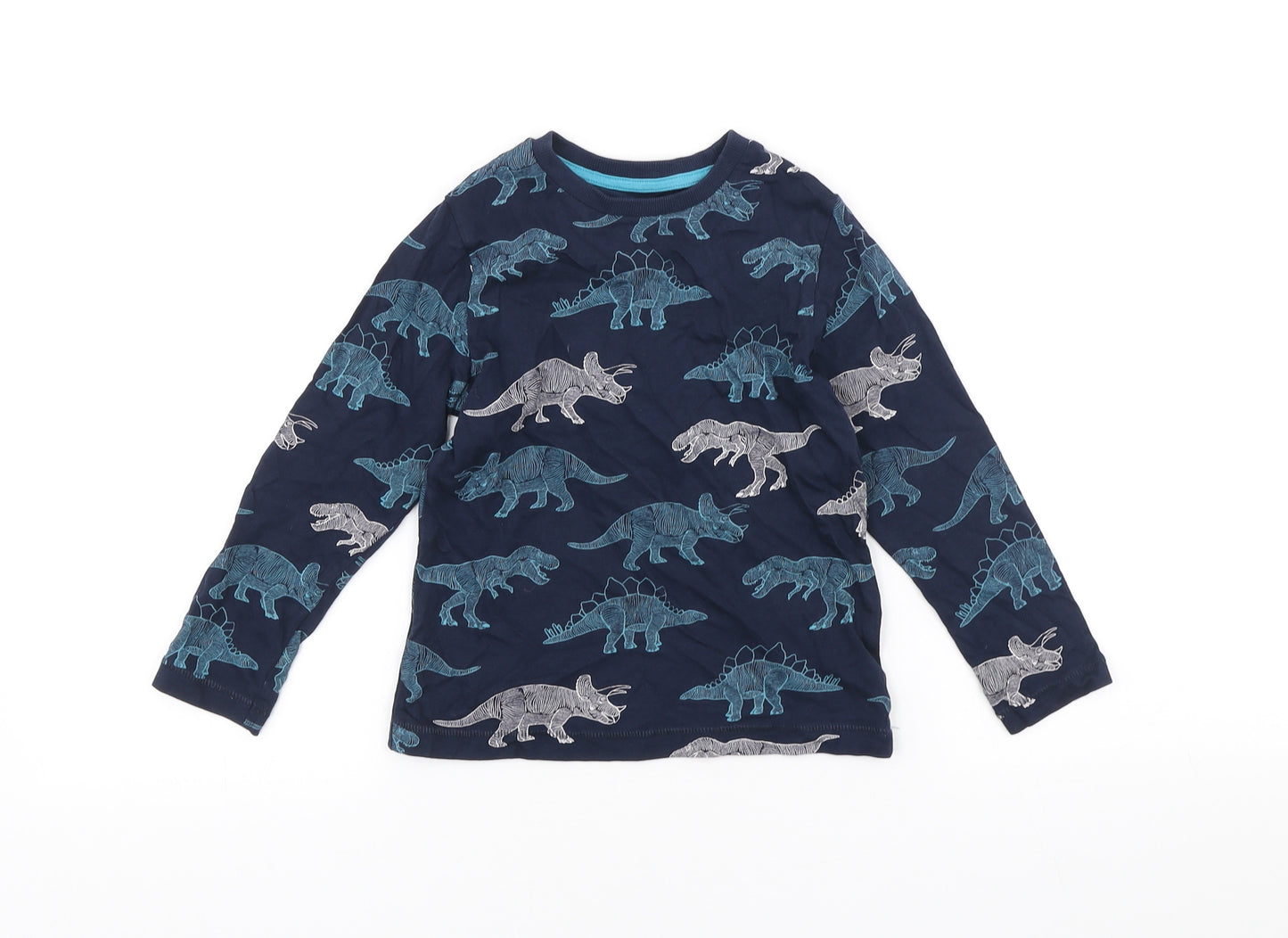 Marks and Spencer Boys Blue Geometric Cotton Basic T-Shirt Size 3-4 Years Crew Neck Pullover - Dinosaurs