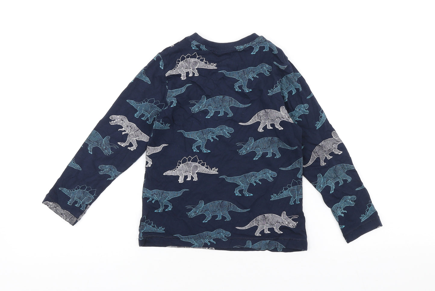 Marks and Spencer Boys Blue Geometric Cotton Basic T-Shirt Size 3-4 Years Crew Neck Pullover - Dinosaurs