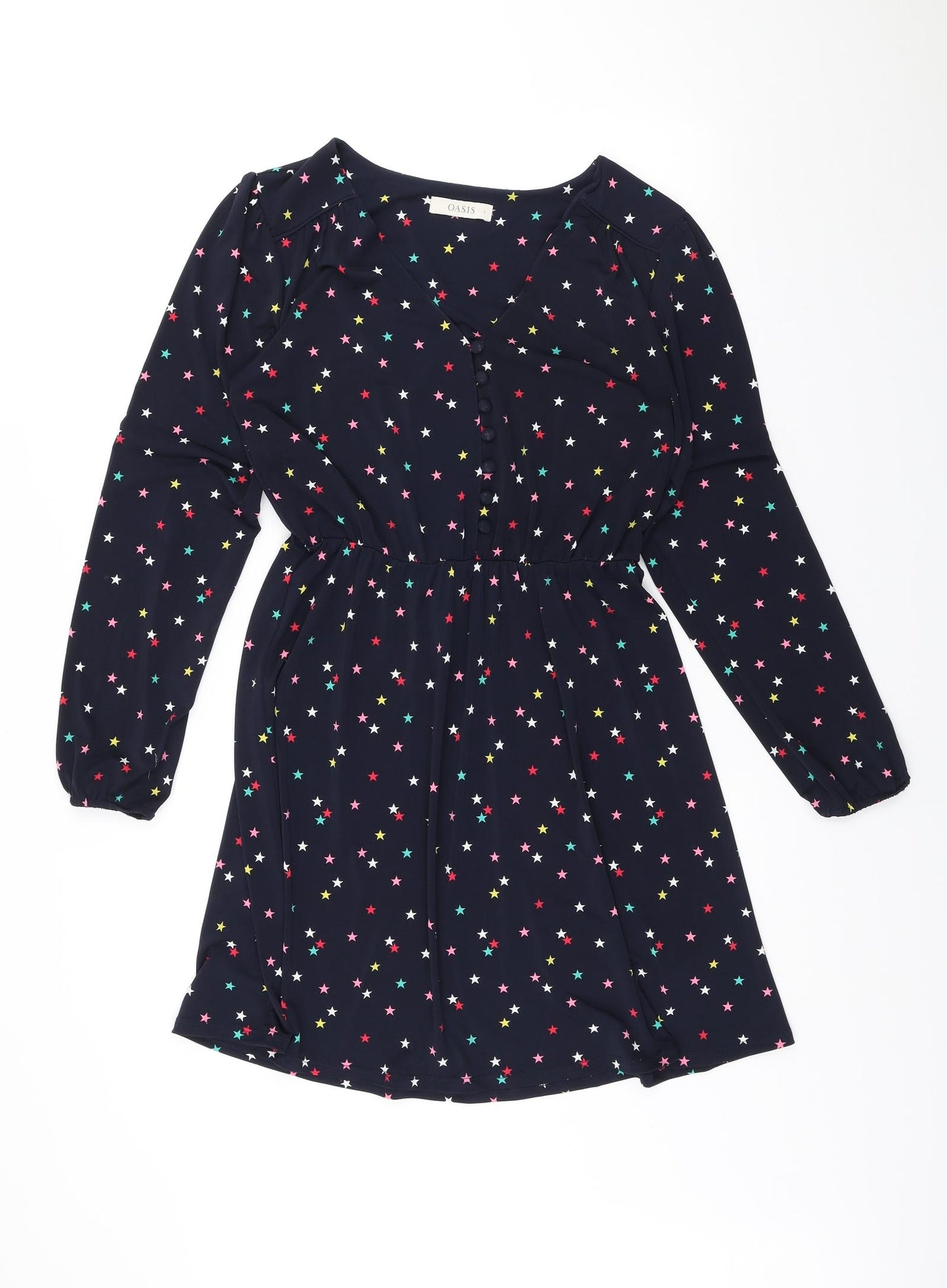 Oasis Womens Blue Geometric Polyester A-Line Size S V-Neck Button - Stars