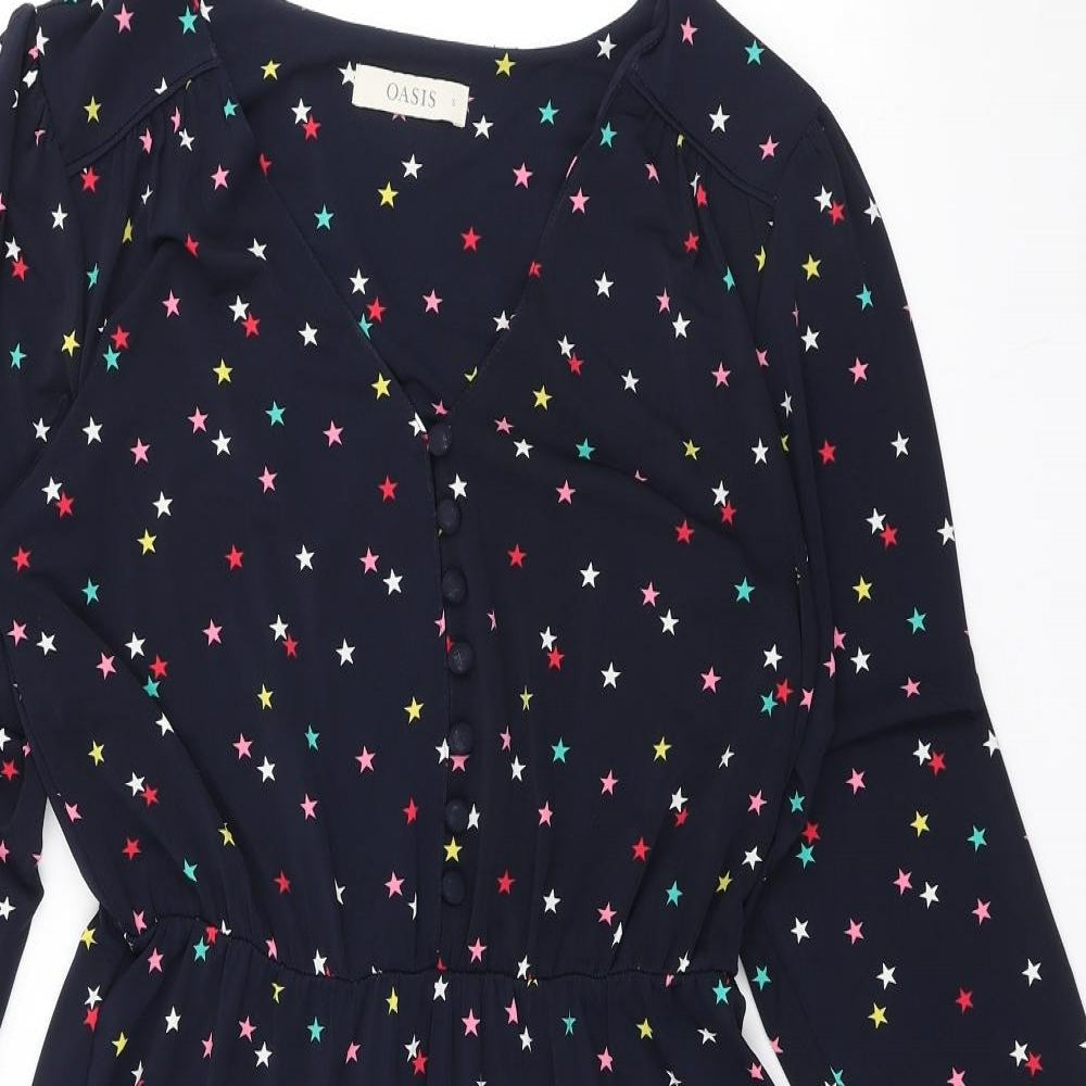Oasis Womens Blue Geometric Polyester A-Line Size S V-Neck Button - Stars
