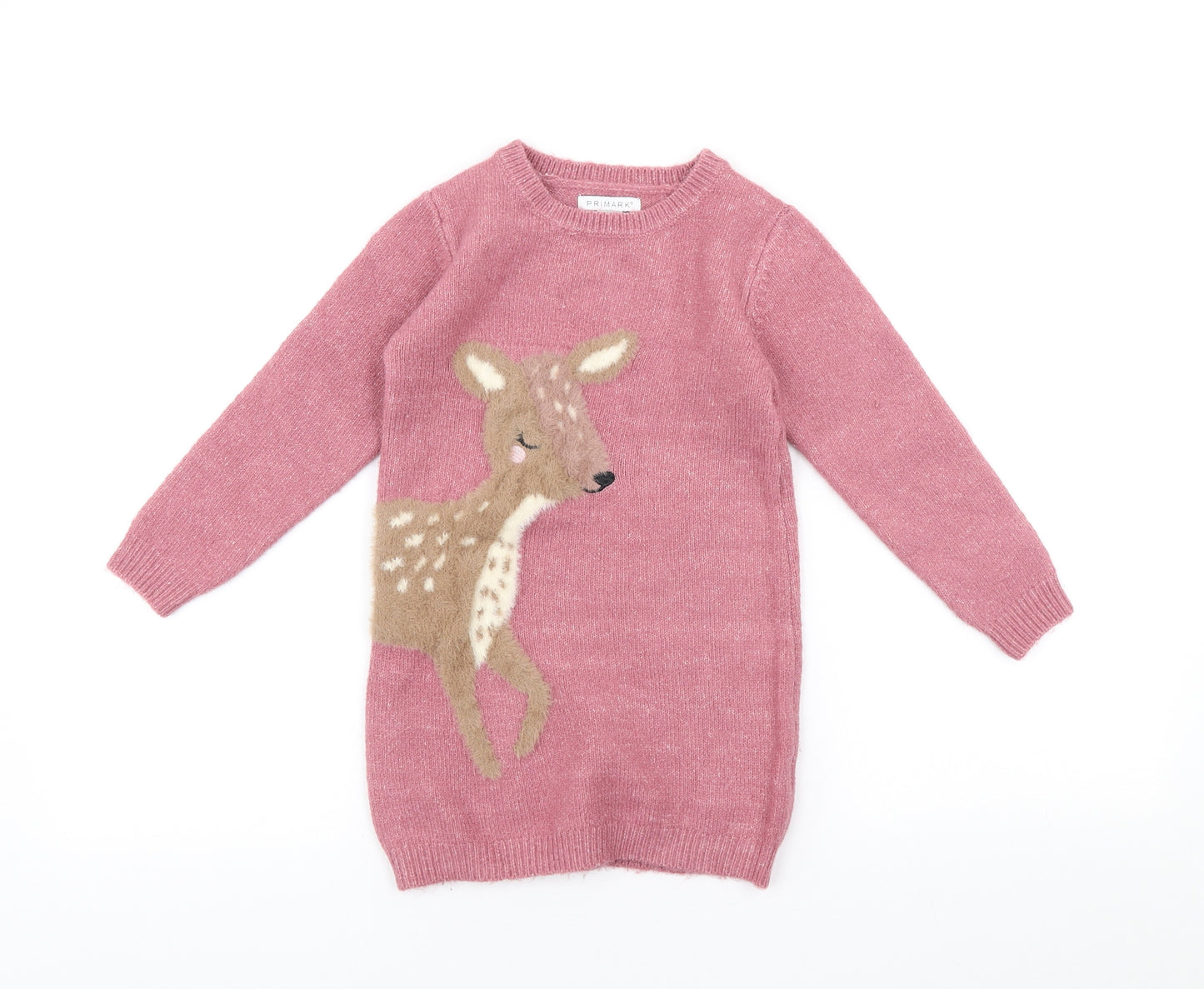 Primark Girls Pink Crew Neck Acrylic Pullover Jumper Size 5-6 Years Pullover - Deer