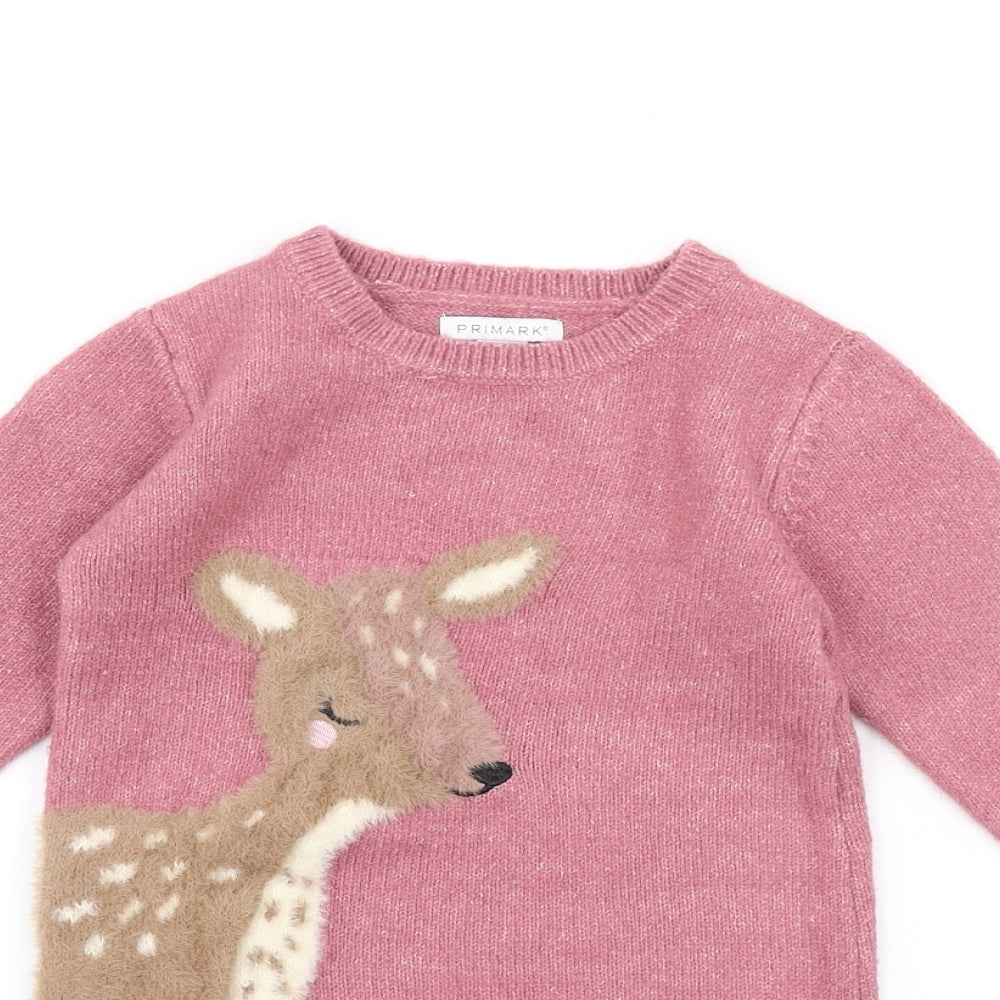Primark Girls Pink Crew Neck Acrylic Pullover Jumper Size 5-6 Years Pullover - Deer
