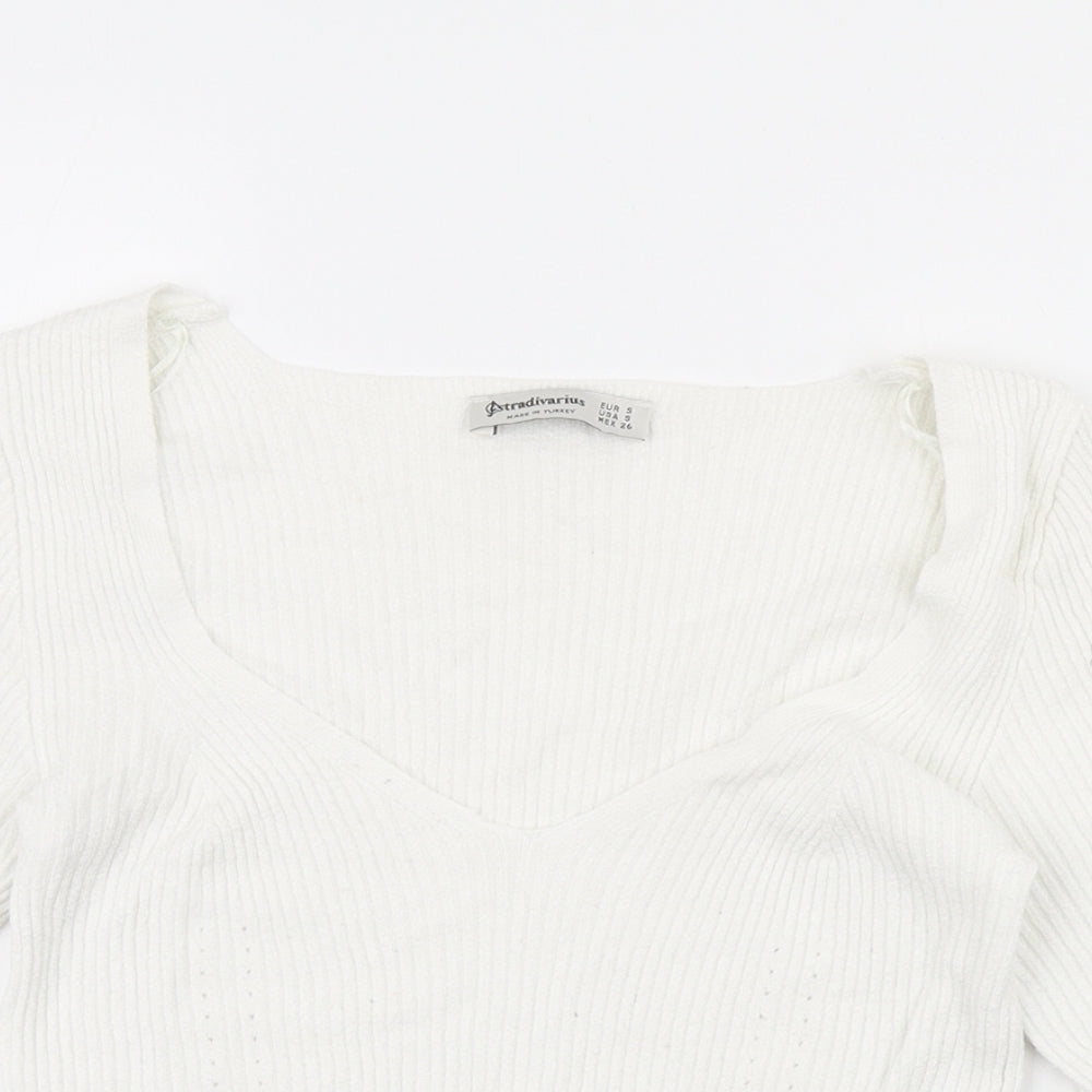 Stradivarius Womens White Viscose Cropped T-Shirt Size 6 Scoop Neck