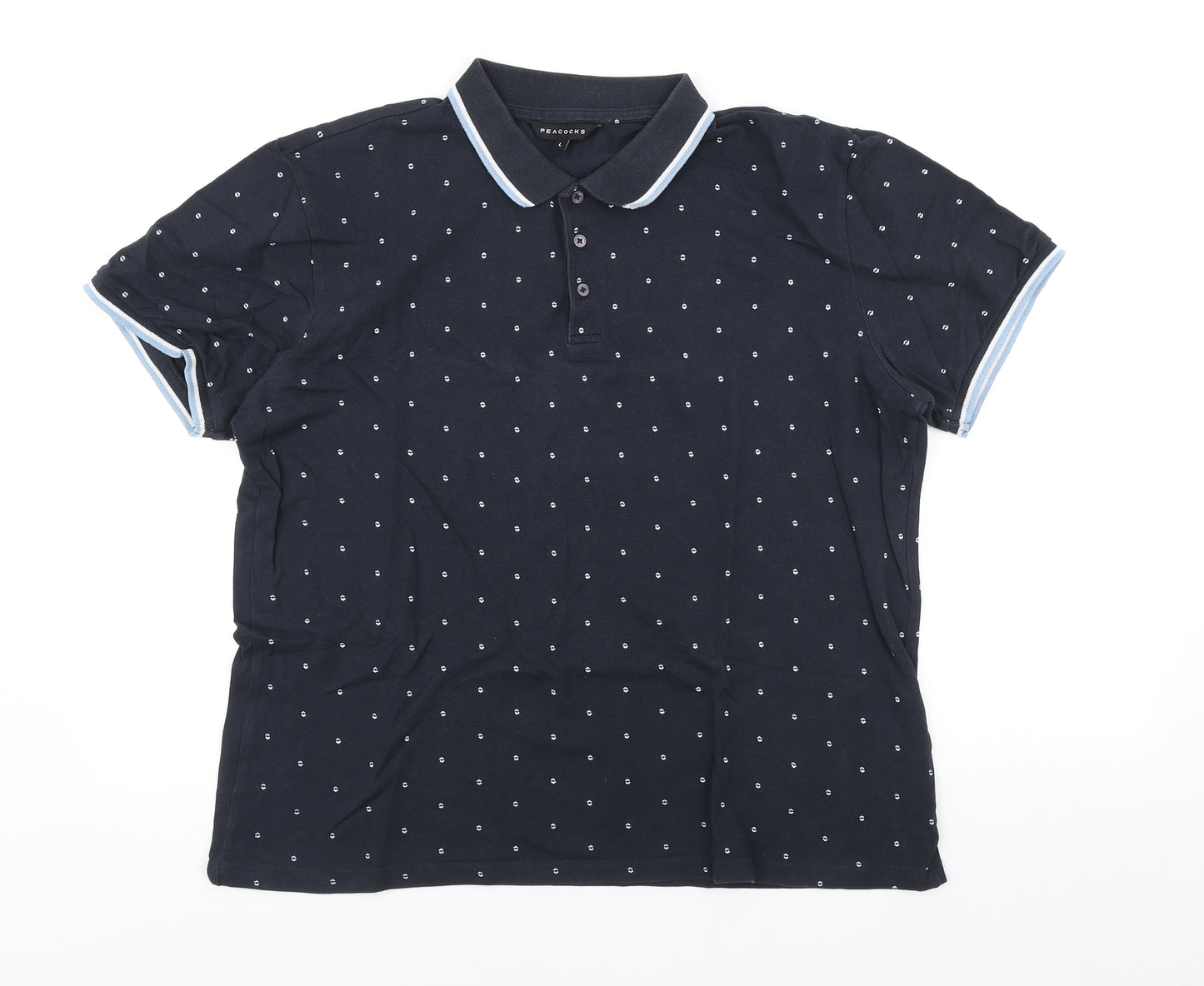 Peacocks Mens Blue Geometric Cotton Polo Size L Collared Button