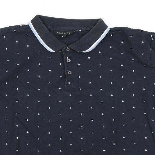 Peacocks Mens Blue Geometric Cotton Polo Size L Collared Button
