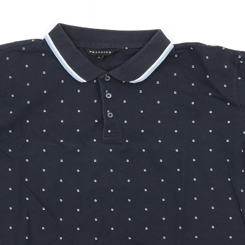 Peacocks Mens Blue Geometric Cotton Polo Size L Collared Button
