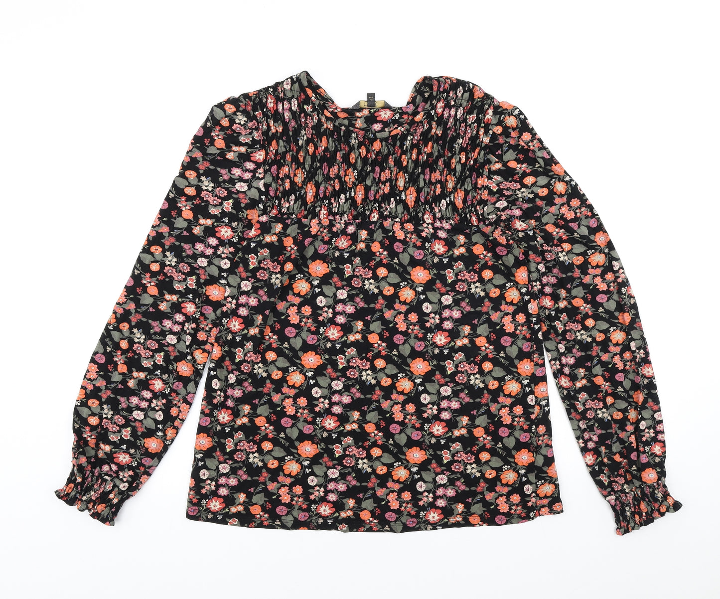 NEXT Womens Black Floral Viscose Basic T-Shirt Size 12 Scoop Neck