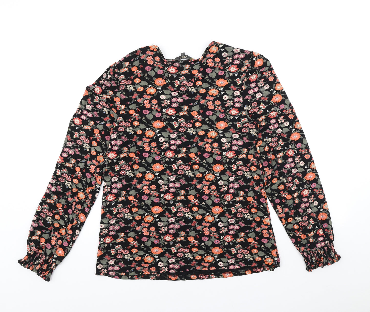 NEXT Womens Black Floral Viscose Basic T-Shirt Size 12 Scoop Neck
