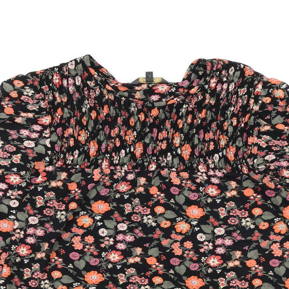 NEXT Womens Black Floral Viscose Basic T-Shirt Size 12 Scoop Neck