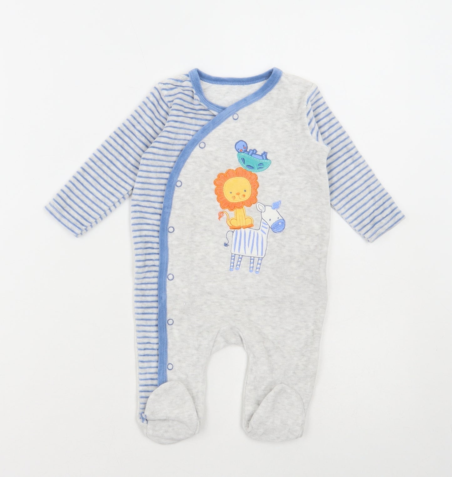 Dunnes Stores Baby Grey Striped Cotton Babygrow One-Piece Size 0-3 Months Snap - Animals