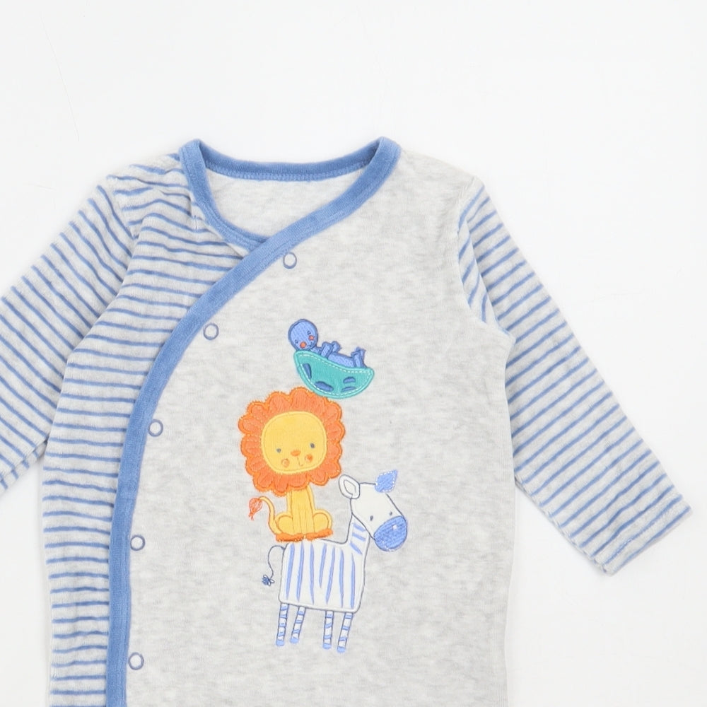 Dunnes Stores Baby Grey Striped Cotton Babygrow One-Piece Size 0-3 Months Snap - Animals