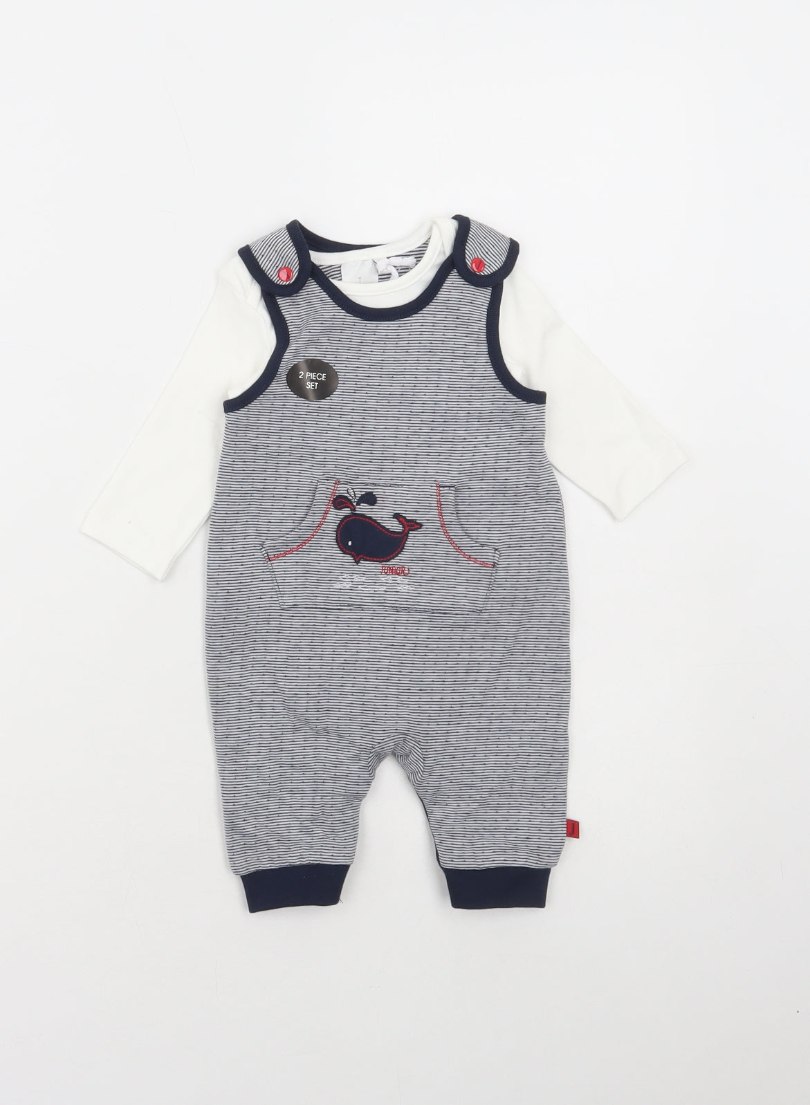 Jasper Conran Boys Blue Striped Cotton Dungaree Outfit/Set Size 0-3 Months Snap - Whale