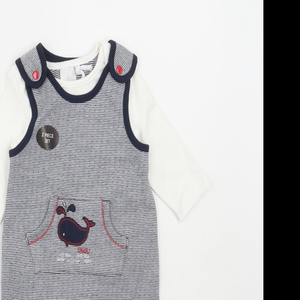 Jasper Conran Boys Blue Striped Cotton Dungaree Outfit/Set Size 0-3 Months Snap - Whale
