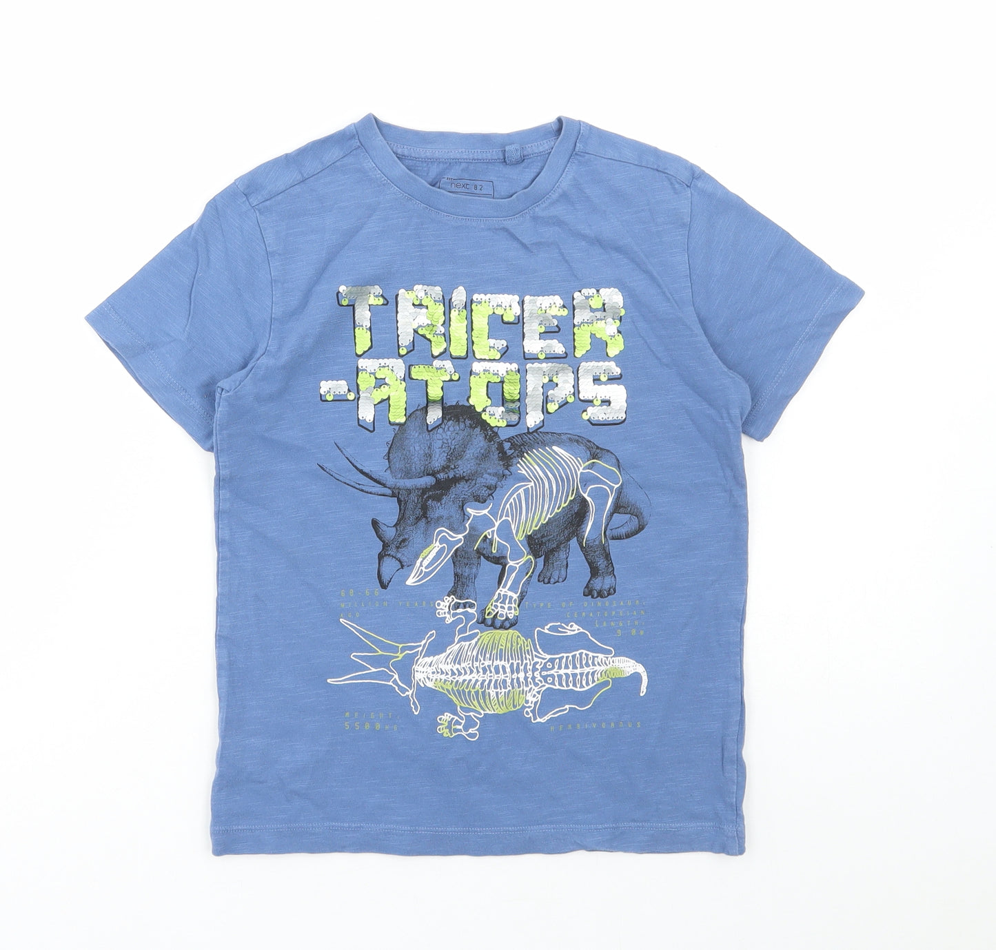 NEXT Boys Blue Cotton Basic T-Shirt Size 7 Years Round Neck Pullover - Triceratops