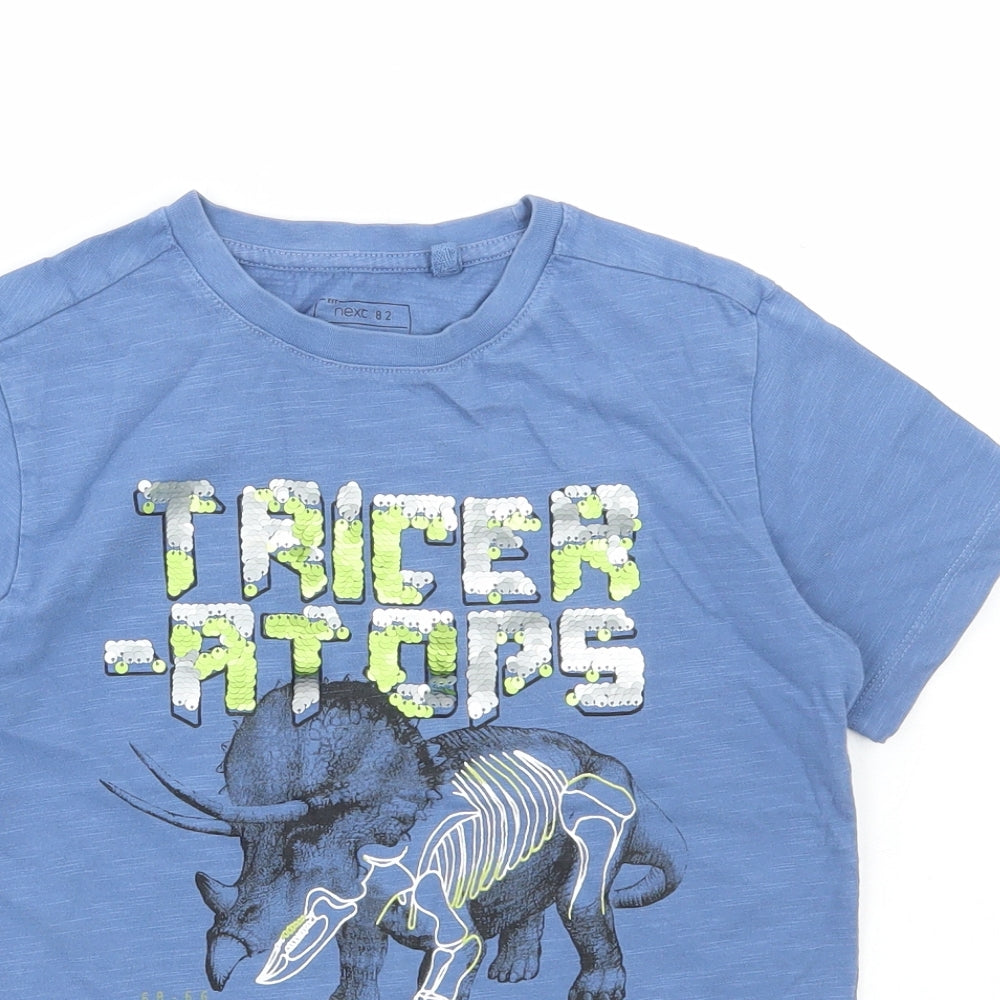 NEXT Boys Blue Cotton Basic T-Shirt Size 7 Years Round Neck Pullover - Triceratops