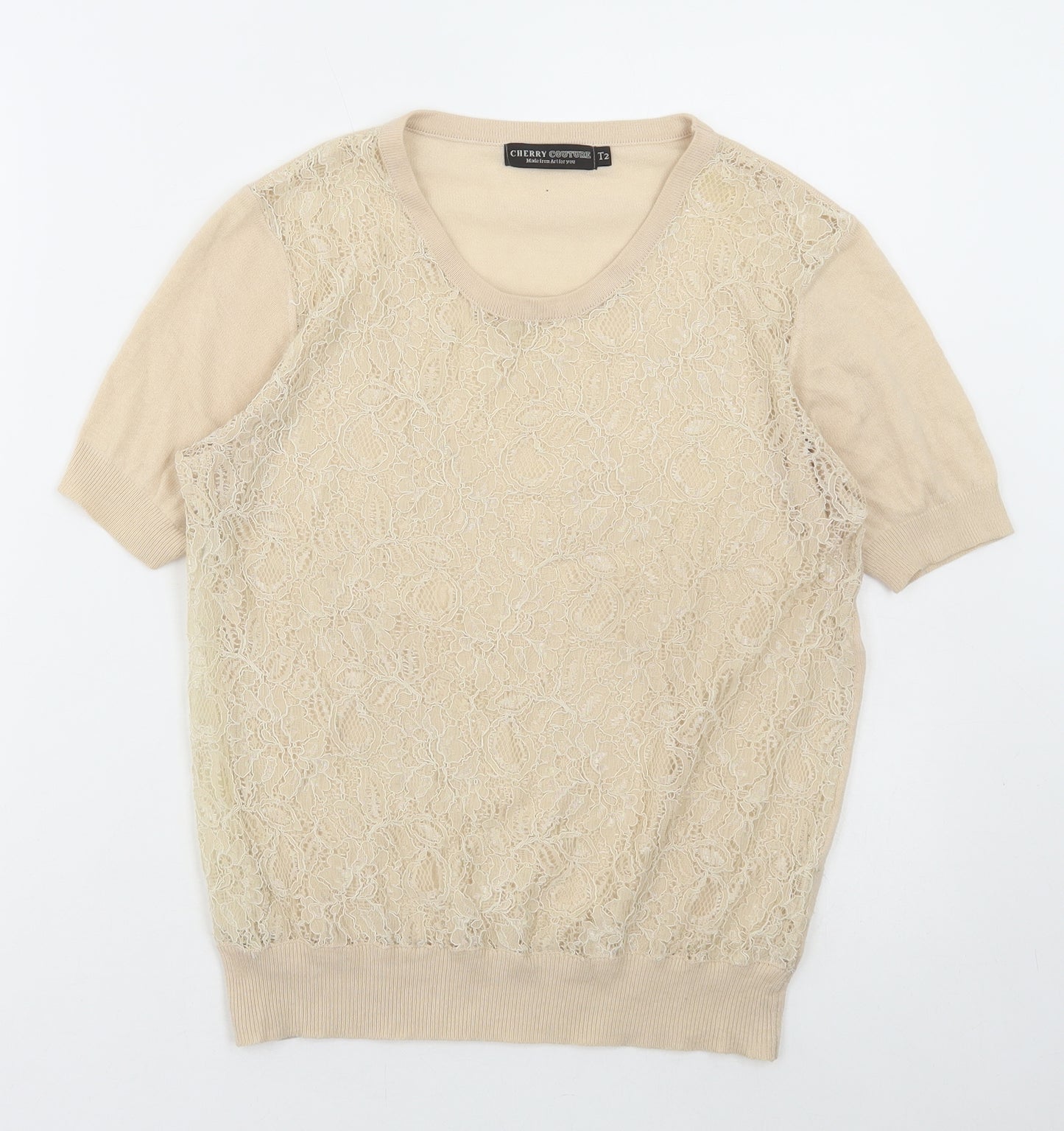 Cherry Couture Womens Ivory Acrylic Basic Blouse Size 12 Round Neck