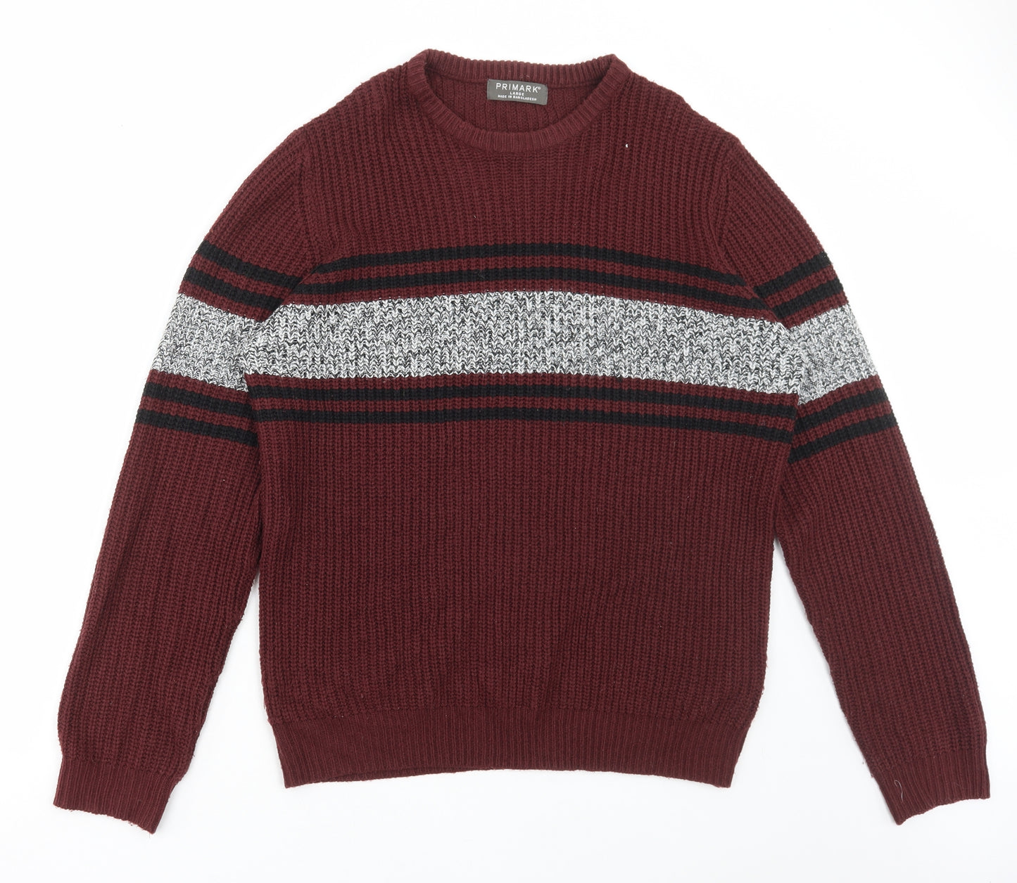 Primark Mens Red Round Neck Striped Acrylic Pullover Jumper Size L