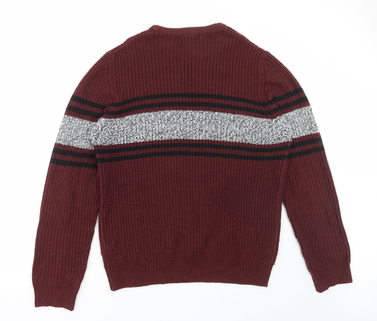 Primark Mens Red Round Neck Striped Acrylic Pullover Jumper Size L