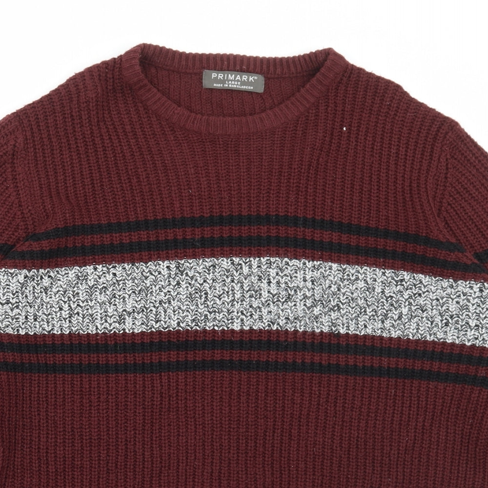 Primark Mens Red Round Neck Striped Acrylic Pullover Jumper Size L