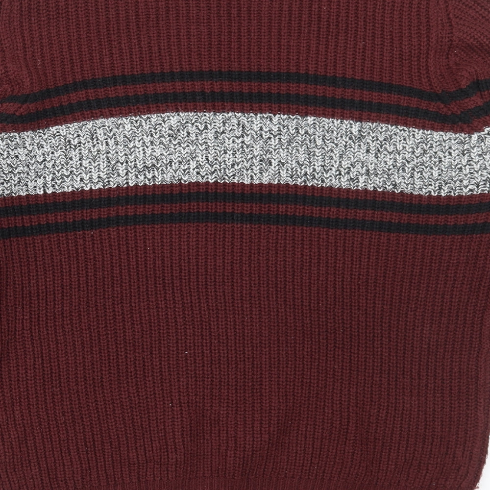 Primark Mens Red Round Neck Striped Acrylic Pullover Jumper Size L
