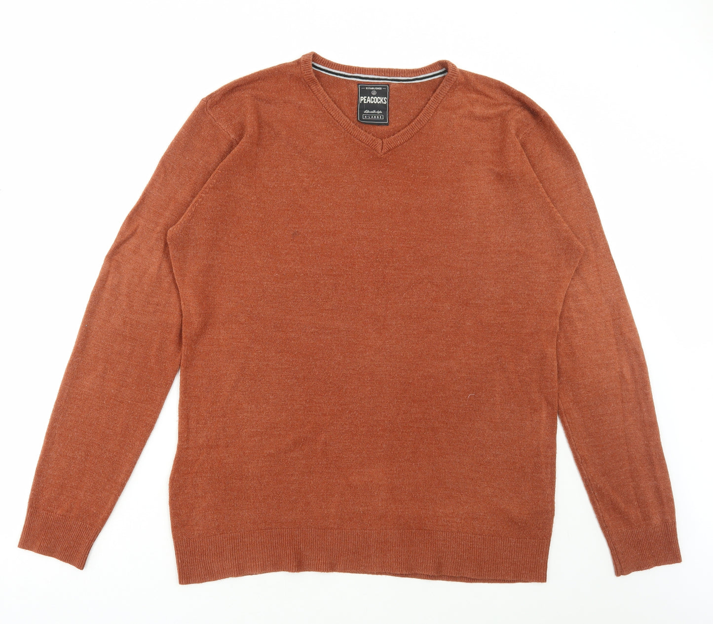 Peacocks Mens Orange V-Neck Acrylic Pullover Jumper Size XL