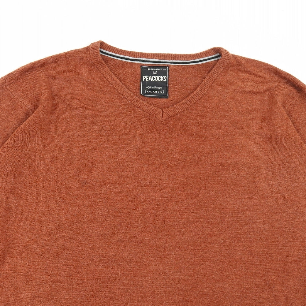 Peacocks Mens Orange V-Neck Acrylic Pullover Jumper Size XL